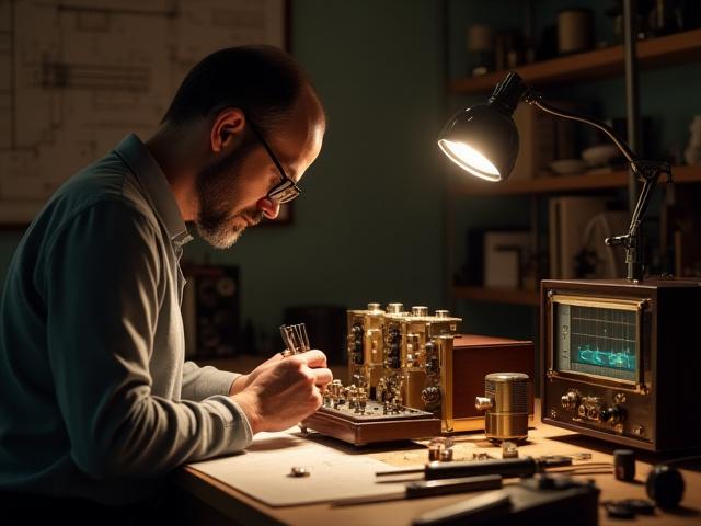 Vue d'un atelier artisanal, Écho Vernis, où un technicien travaille sur un équipement audio vintage dans une ambiance douce et concentrée.