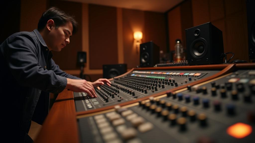 Un ingénieur du son ajuste un équipement audio complexe dans un studio de production moderne et élégant, avec des boiseries et un éclairage tamisé.